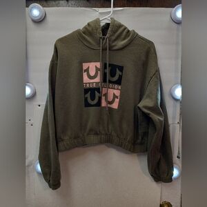 True Religion Brand Jeans Graphic Cropped Cinched Hoodie Oversized Large Green